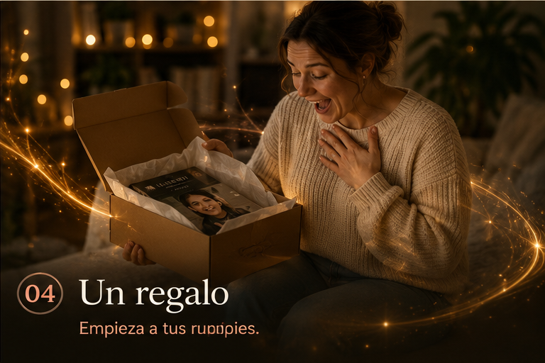 Una persona emocionada al abrir un regalo personalizado
